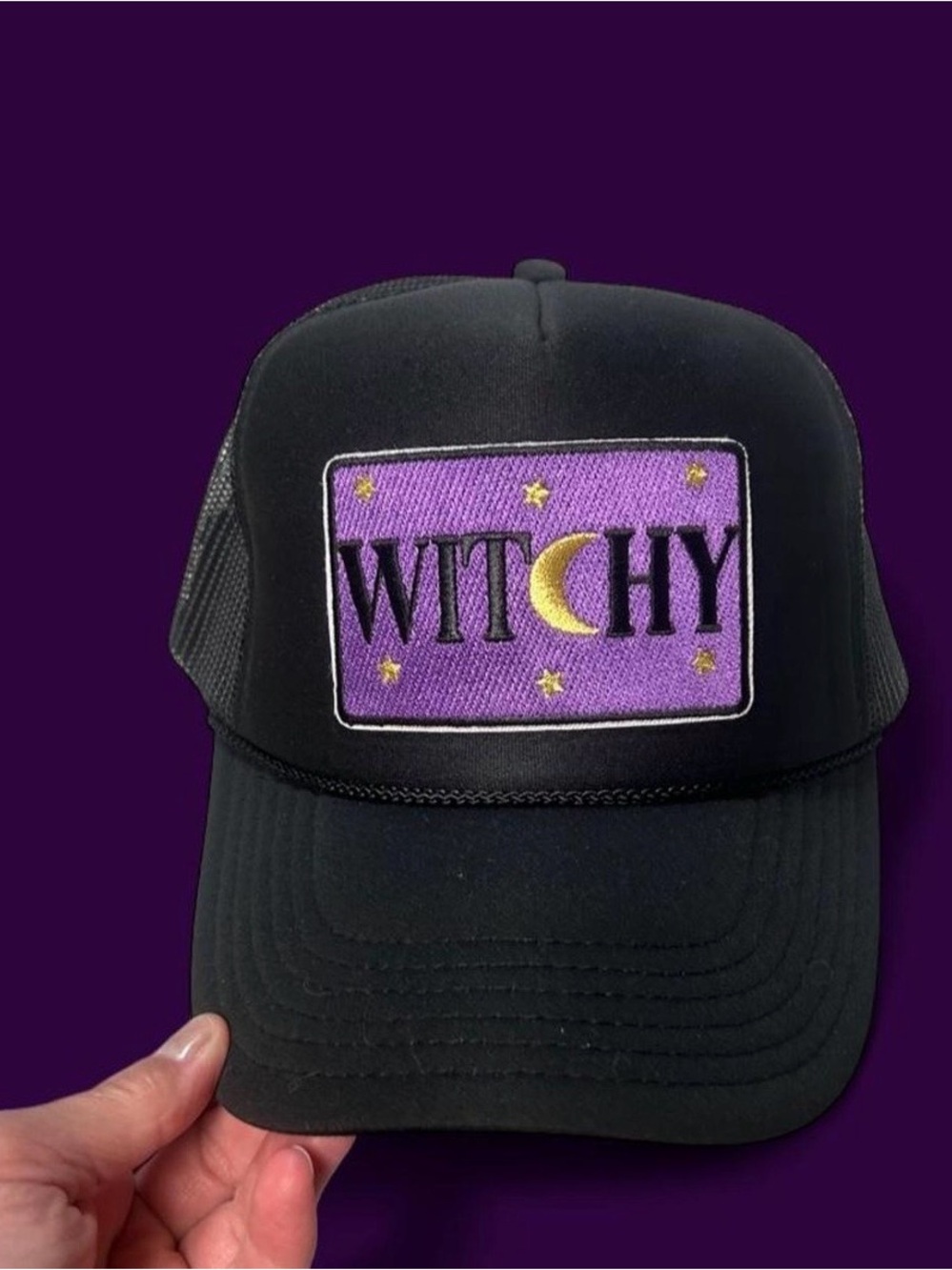 Witchy Black Trucker Hat with Purple Patch